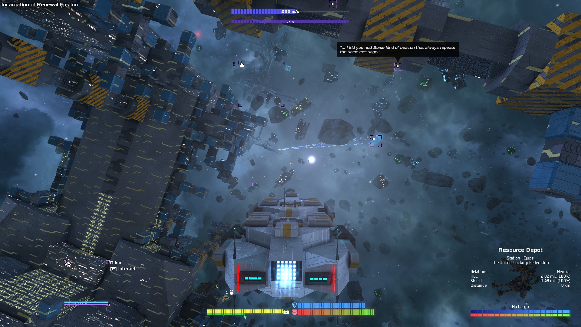 A space ship in looking into a bright, sunny sector with a shipyard, asteroids and some ships